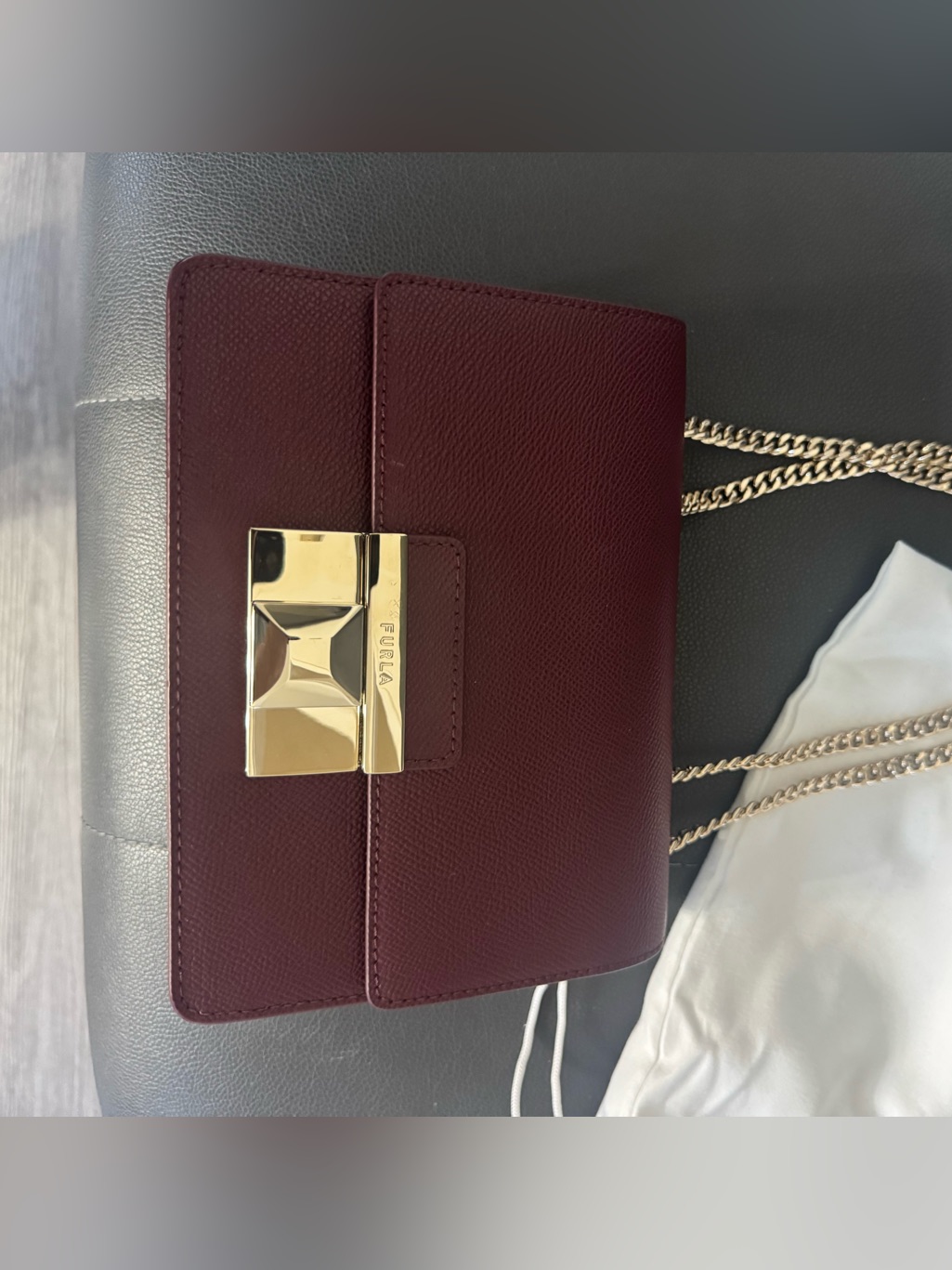 Furla Wine-Red Leather Crossbody With Gold Chain